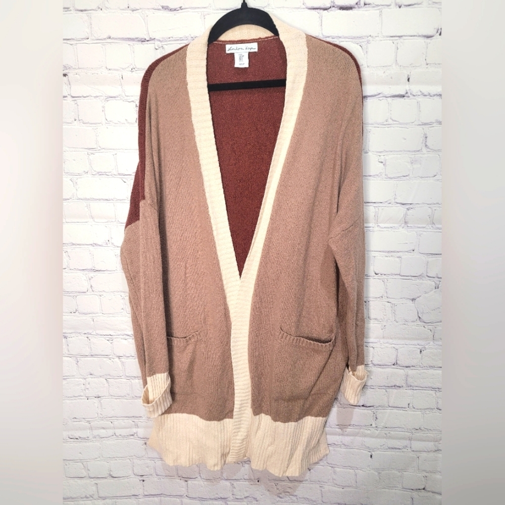 London Kaye Color-Block Brown and Tan Cardigan‎ Over-sized Size Small